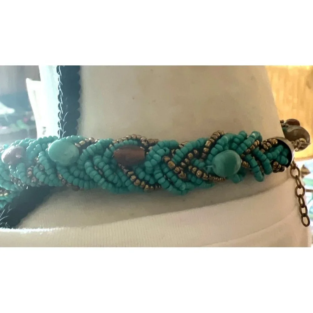 Turquoise Glass Bead Braided Necklace -- 18